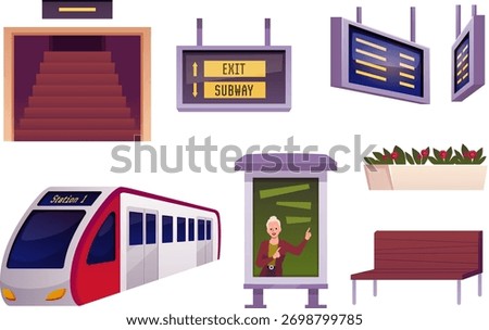 Railway subway station interior elements vector flat illustrations set. Metro train, stairway, scoreboard, billboard, bench. Cartoon public transport theme. Metropolitan railroad infrastructure