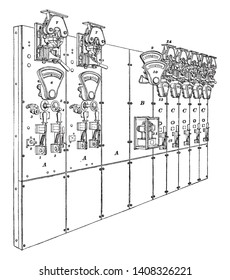Railway Switchboard consists of three generator panels one total output panel and five feeder panels, vintage line drawing or engraving illustration.