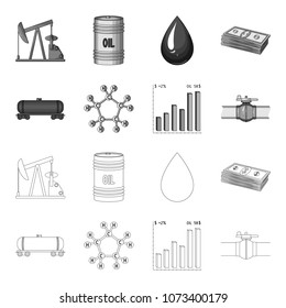 Railway tank, chemical formula, oil price chart, pipeline valve. Oil set collection icons in outline,monochrome style vector symbol stock illustration web.
