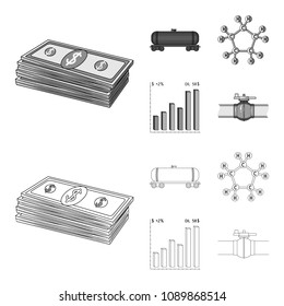 Railway tank, chemical formula, oil price chart, pipeline valve. Oil set collection icons in outline,monochrome style vector symbol stock illustration web.