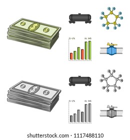 Railway tank, chemical formula, oil price chart, pipeline valve. Oil set collection icons in cartoon,monochrome style vector symbol stock illustration web.