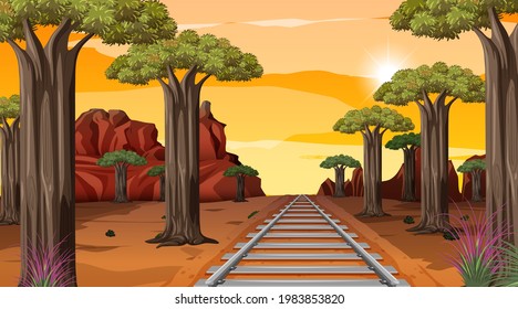 Railway through the desert landscape scene at sunset time illustration