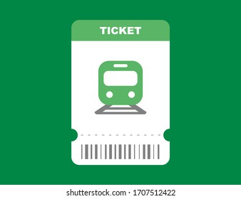 Railway Ticket On Train In Flat Green Isolated Design. Travel Pass Card On Subway Template With Barcode. Locomotive Trip Ticket. Vector EPS 10.