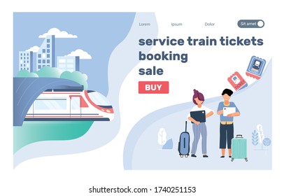 Railway ticket online landing page website with buy button clickable links and images of train passengers vector illustration