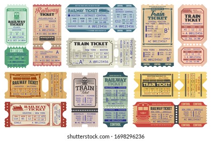 Railway tickets, vector train travel passes, vintage cardboard and carton paper tickets. USA American railway train tickets to central station destination city, seat number and control stamps