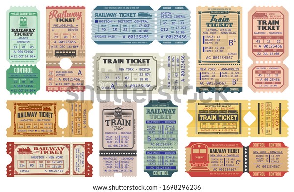 Railway tickets, vector train travel passes,\
vintage cardboard and carton paper tickets. USA American railway\
train tickets to central station destination city, seat number and\
control stamps