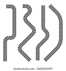 Railway track design. Dynamic curved paths. Black and white layout. Minimal linear elements.