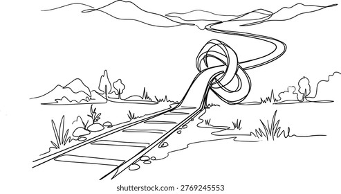 Railway track forming knot concept complicated journey confusion problem path direction challenge surreal landscape minimal line art illustration