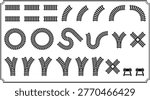 Railway track icons, train rail silhouettes, curved straight paths, junctions, crossings, railroad construction elements for map design, transport layout.