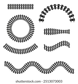 Railway track illustrations. Curved and wavy rail shapes. Black and white vector elements. Variety of train track designs.