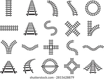 Railway track layout icons vector collection train track curve cross junction line art set transport infrastructure graphic design elements layout, railway, track, train, rail, line, layout, path, road