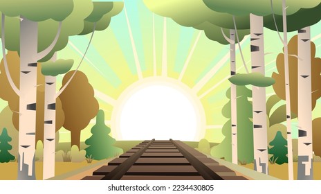 Railway track road through birch grove. Path for train going into distance. Rails and sleepers. Cartoon fun style. Flat design. Vector.