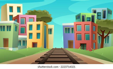 Railway track road through cozy town. Path for train going into distance. Rails and sleepers. Cartoon fun style. Flat design. Vector.