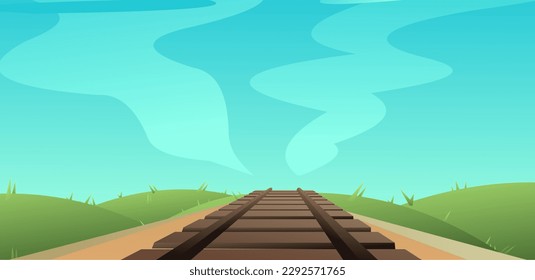 Railway track road through rural meadows hills. Path for train going into distance. Rails and sleepers. Cartoon fun style. Flat design. Vector.