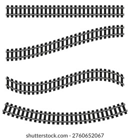 Railway track set. Train road Vector. Curved metal path. Transport line shape. Manual vector only. No autotrace used. EPS 10.