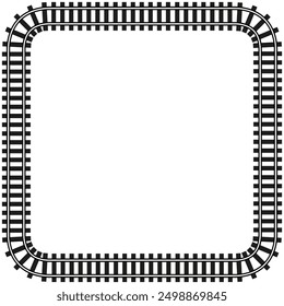 Railway track in square shape. Black and white vector illustration. Train track outline, corner turn.