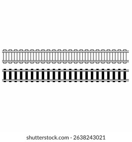 Railway track vector illustration, black and white outline and filled version, top and down view of train rail, seamless pattern element, transport icon, frame,text,engineering art.