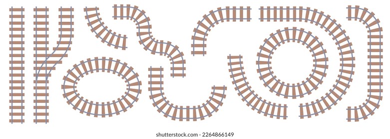 Railway tracks, isolated parts and details of rail road or transport. Train transfer, wooden planks and fasteners connection. Flat cartoon, vector illustration