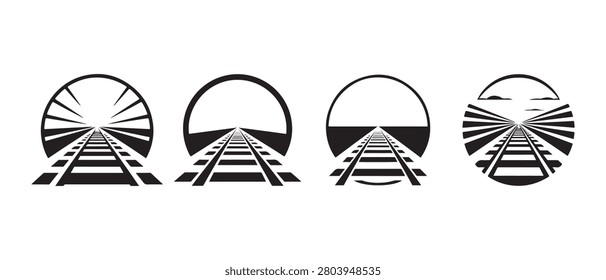 Railway Tracks Perspective Icons Set Showing Train Rails Leading Into Tunnels in Minimalist Style.
