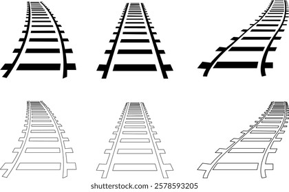 Railway tracks and switches or turnouts of the main railway station set, Straight and curved railway train track icons. Top view railroad train paths. on transparent background, used for railway lines