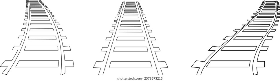 Railway tracks and switches or turnouts of the main railway station set, Straight and curved railway train track icons. Top view railroad train paths. on transparent background, used for railway lines