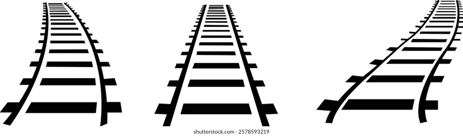 Railway tracks and switches or turnouts of the main railway station set, Straight and curved railway train track icons. Top view railroad train paths. on transparent background, used for railway lines