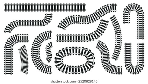 Pistas ferroviarias. Vías de tren de vista superior, transporte plano aislado y Elementos de carretera. Los ferrocarriles se curvaron rectos para los trenes. Conjunto de Vectores de transporte neotérico