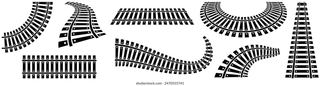 Railway tracks train curved silhouette. Perspective of the railway and top view of the map. Set of tram winding roads vector elements