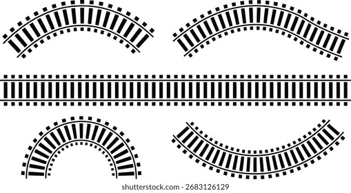 Railway tracks vector set. Curved and straight configurations. Design.