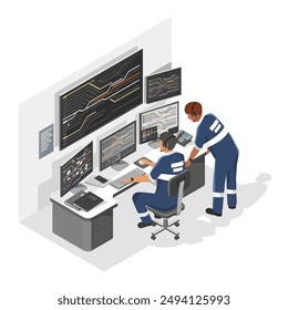 railway traffic controller system room engineer working job on monitors to manage railway and truck shipping and logistic concept isometric isolated cartoon