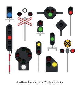 La señal de control de advertencia de los semáforos ferroviarios para el movimiento del tren establece una Ilustración vectorial realista. Proyector iluminado de la instrucción del viaje de la locomotora del metro del ferrocarril con el color del comienzo y de la prohibición