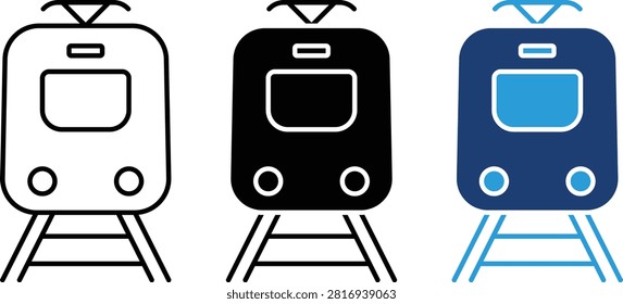 Railway Train Front Line Icon Set. Containing Passenger Train, Metro, Railway Transport, Public Transit, Rail Track and Station Symbols. Editable Stroke Vector Illustration