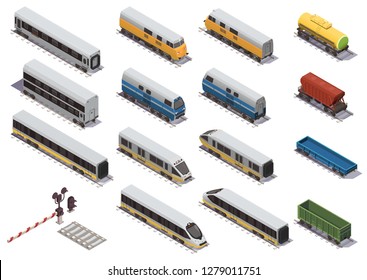 Railway train isometric elements set with electric locomotive open freight wagon and passenger car isometric vector illustration