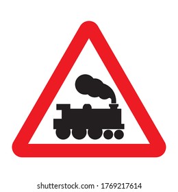 Señal de la carretera de paso del nivel del tren ferroviario. Ilustración vectorial de la advertencia para un paso por ferrocarril sin barrera ni puerta. Señal de tráfico del triángulo rojo con pictograma del icono del tren dentro.