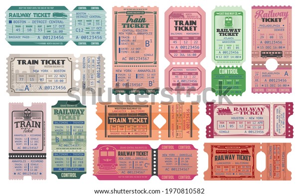 Railway and train retro tickets, admits\
vector templates set. Intercity train trip admission, railway\
station paper tickets with old locomotives wagons, vintage\
typography and controller\
perforation