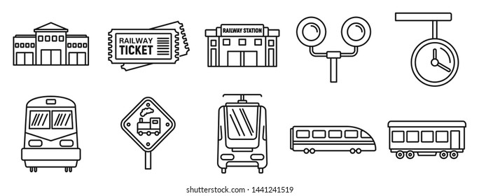 Railway train station icons set. Outline set of railway train station vector icons for web design isolated on white background