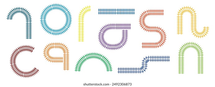 Railway train track different colors vector illustration isolated on white background. Rail pattern round circular curve railroad path icon