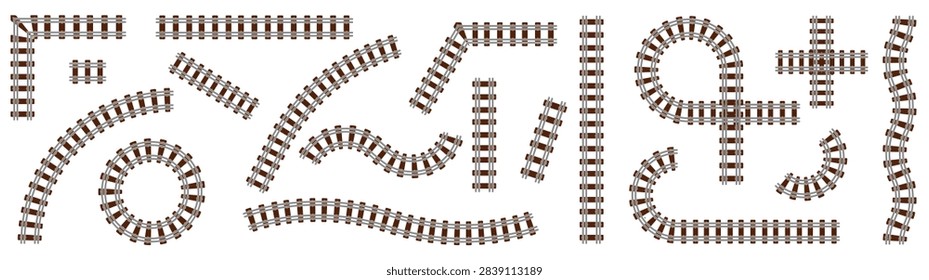 Railway train track elements set. Railroad with straight, curved, crossing and circular rails.