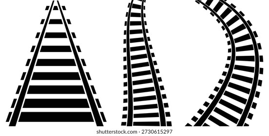 Ícone da via férrea do trem definido com ilustração vetorial de padrões de rota ferroviária reta, curva e circular