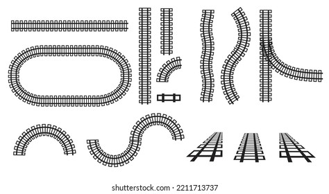 Railway train track variety shape. Transportation rail road. Straight tracks art design. Creative vector illustration of curved railroad isolated on background. rain railway road constructor rails ele