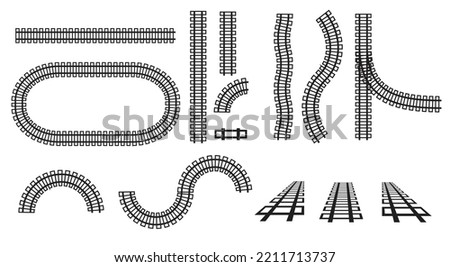 Railway train track variety shape. Transportation rail road. Straight tracks art design. Creative vector illustration of curved railroad isolated on background. rain railway road constructor rails ele