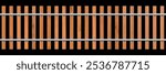 Railway train track vector background. Realistic seamless straight railroad path with wooden sleepers and metal rails isolated on black backdrop. Wood vertical fence with metallic rails.