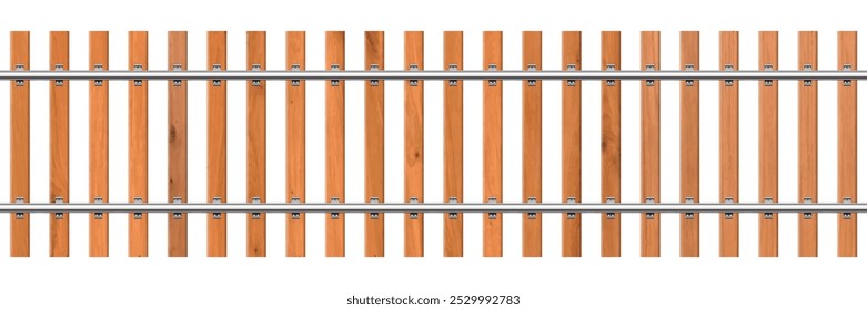 Fondo de Vector de pista de tren ferroviario. Camino de ferrocarril recto sin fisuras realista con traviesas de madera y rieles de metal aislados sobre fondo blanco. Valla de Vertical de madera con rieles metálicos.