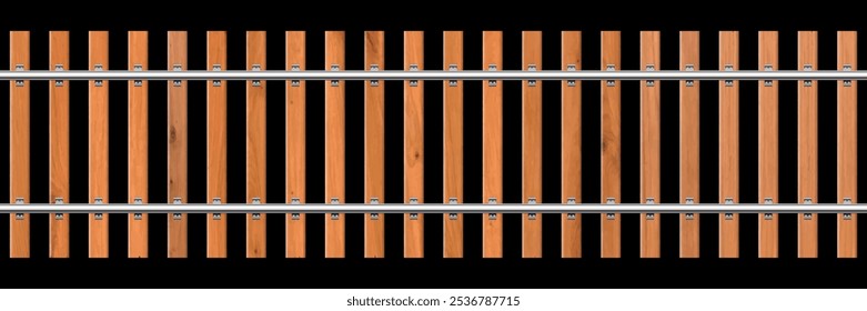 Railway train track vector background. Realistic seamless straight railroad path with wooden sleepers and metal rails isolated on black backdrop. Wood vertical fence with metallic rails.