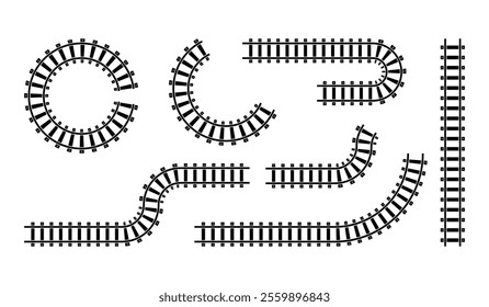 Railway train track vector route. Train track elements. Rail road map. Rail pattern round circular curve railroad path icon.