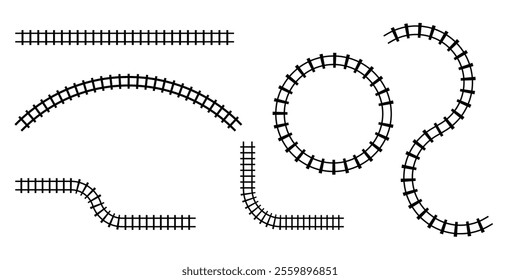 Railway train track vector route. Train track elements. Rail road map. Rail pattern round circular curve railroad path icon.