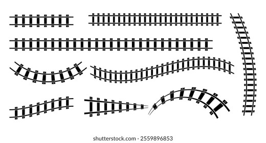 Railway train track vector route. Train track elements. Rail road map. Rail pattern round circular curve railroad path icon.