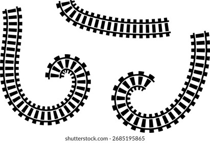 Railway train track vector route. Rail line, subway map, and railroad elements for game UI and graphic design icon set easy to edit. Rail pattern round circular curve railroad path icon