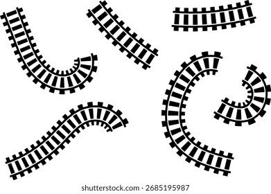 Rotas vetoriais da via-férrea. Linha ferroviária, mapa do metrô e elementos da ferrovia para IU de jogo e ícone de design gráfico definido fácil de editar. Ícone de caminho de ferro de curva circular circular com padrão de trilho