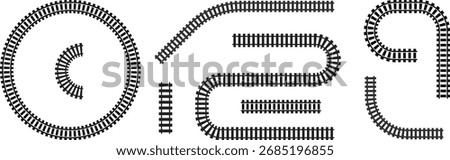Railway train track vector route. Rail line, subway map, and railroad elements for game UI and graphic design icon set easy to edit. Rail pattern round circular curve railroad path icon